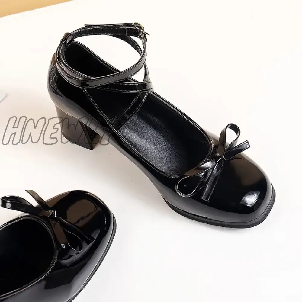 Hnewly Black Retro Cross-Tie Pumps Casual Summer Marry Janes Round Toe Shoes Ladies Lolita Sweet