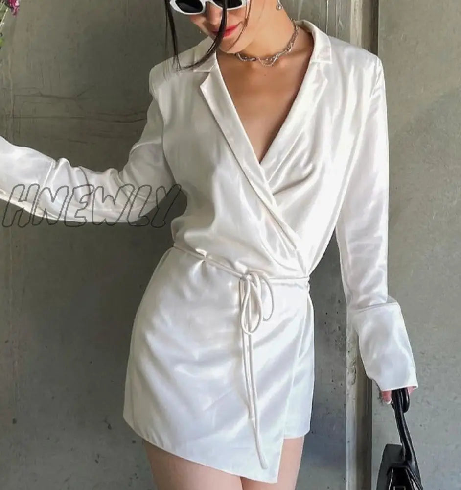 Hnewly Black Satin V-Neck Shirt Dress Women 2024 Spring Flare Sleeve Lace Up Mini Dresses Elegant