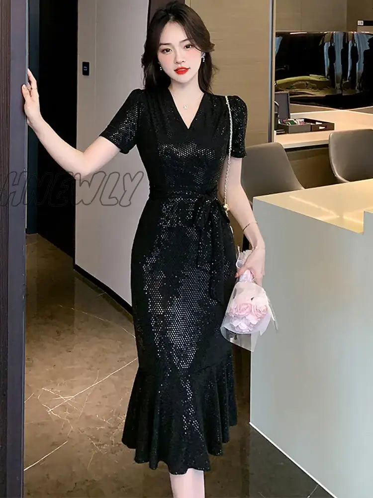 Hnewly Black Sequins Slim Ruffled Mermaid Dress Purple Party Evening Elegant Luxury Celebrity Women