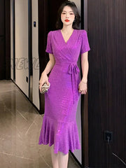 Hnewly Black Sequins Slim Ruffled Mermaid Dress Purple Party Evening Elegant Luxury Celebrity Women