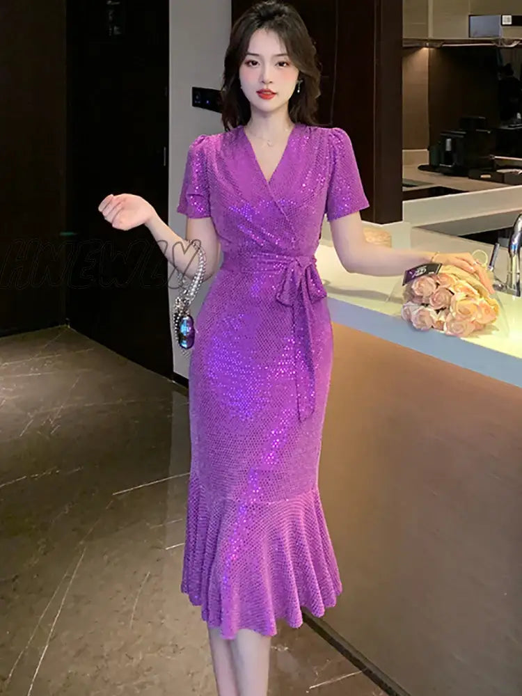 Hnewly Black Sequins Slim Ruffled Mermaid Dress Purple Party Evening Elegant Luxury Celebrity Women