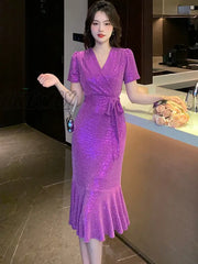 Hnewly Black Sequins Slim Ruffled Mermaid Dress Purple Party Evening Elegant Luxury Celebrity Women