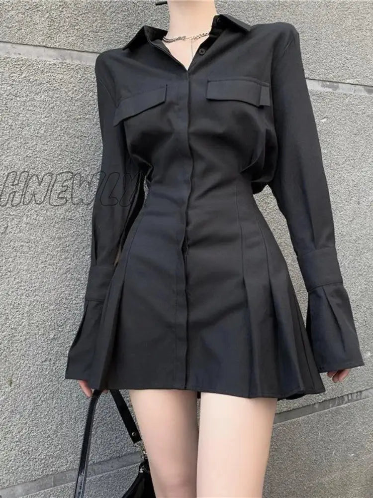 Hnewly Black Shirt Dress Women Elegant Vintage Long Sleeve Dresses Sexy Gothic Pleated Streetwear