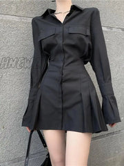 Hnewly Black Shirt Dress Women Elegant Vintage Long Sleeve Dresses Sexy Gothic Pleated Streetwear