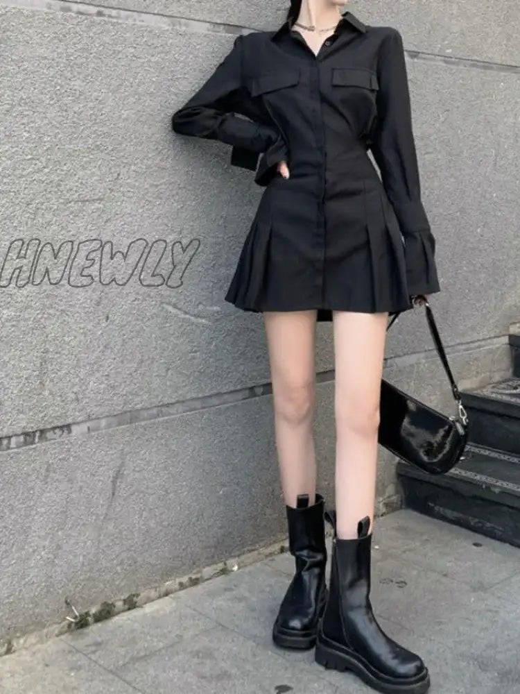 Hnewly Black Shirt Dress Women Elegant Vintage Long Sleeve Dresses Sexy Gothic Pleated Streetwear