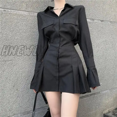 Hnewly Black Shirt Dress Women Elegant Vintage Long Sleeve Dresses Sexy Gothic Pleated Streetwear