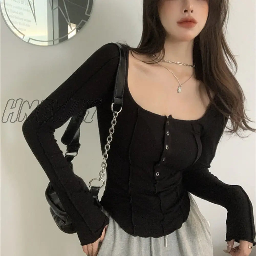 Hnewly Black White T Shirt Women Cotton Button Elasticity Slim Long Sleeve Fall Tops Fashion Korean