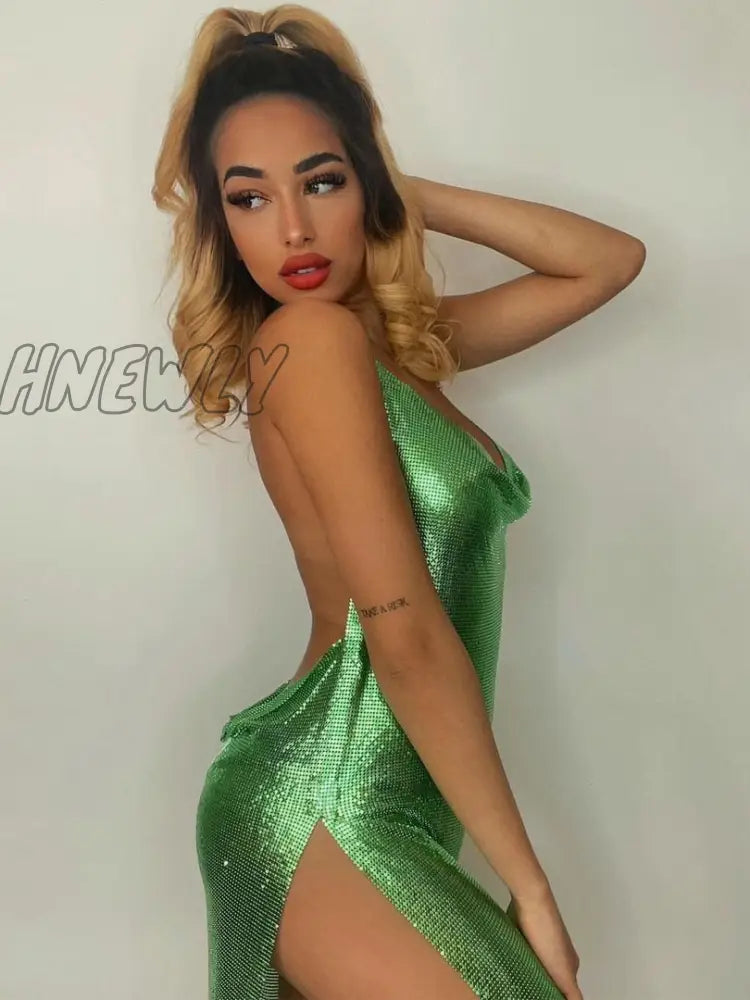 Hnewly Bling Glitter Women Halter Mini Dress Side Slit Backless Bodycon Sexy Streetwear Party Club