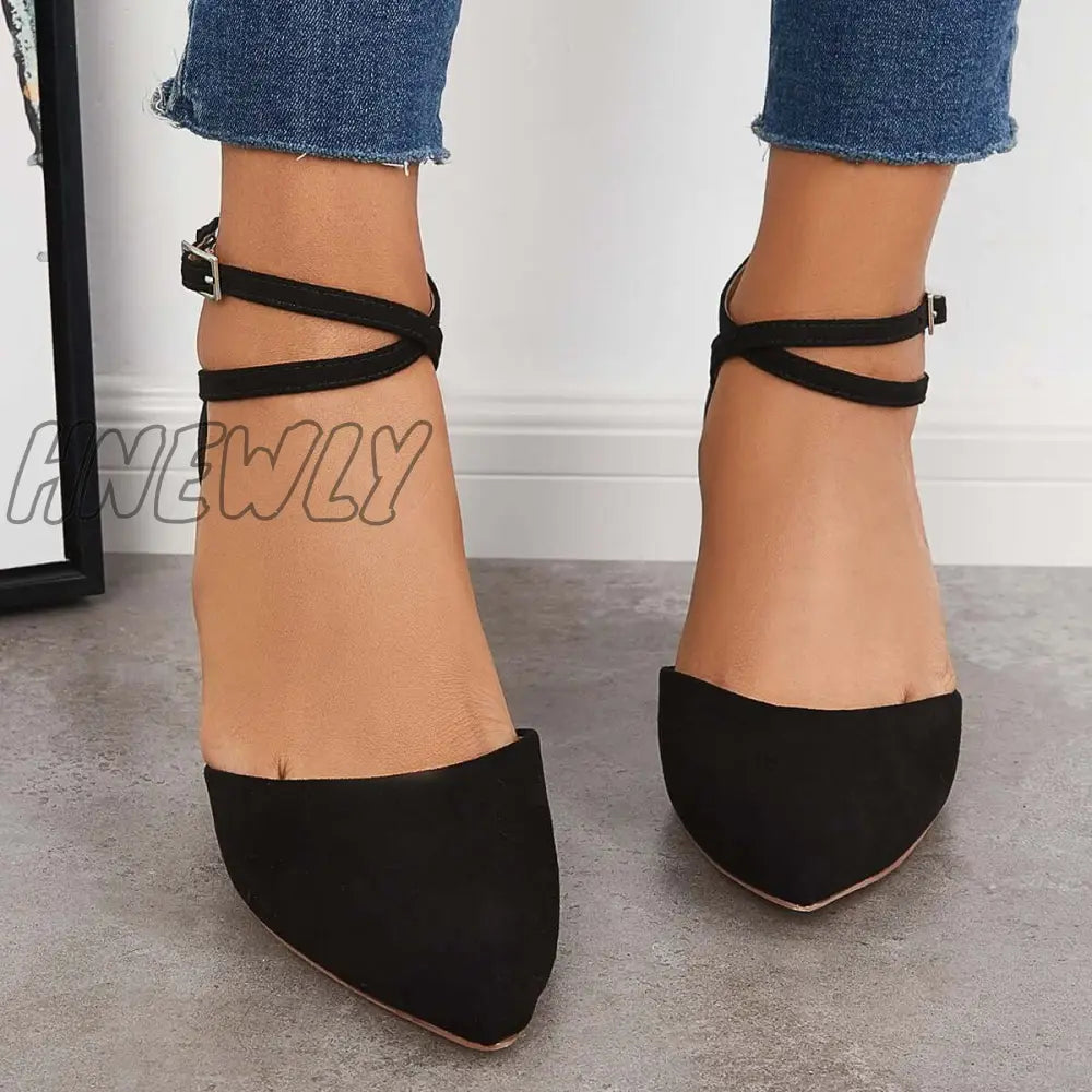 Hnewly Block Chunky Low Heels Pointed Toe Ankle Strap Pumps /