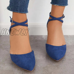 Hnewly Block Chunky Low Heels Pointed Toe Ankle Strap Pumps /