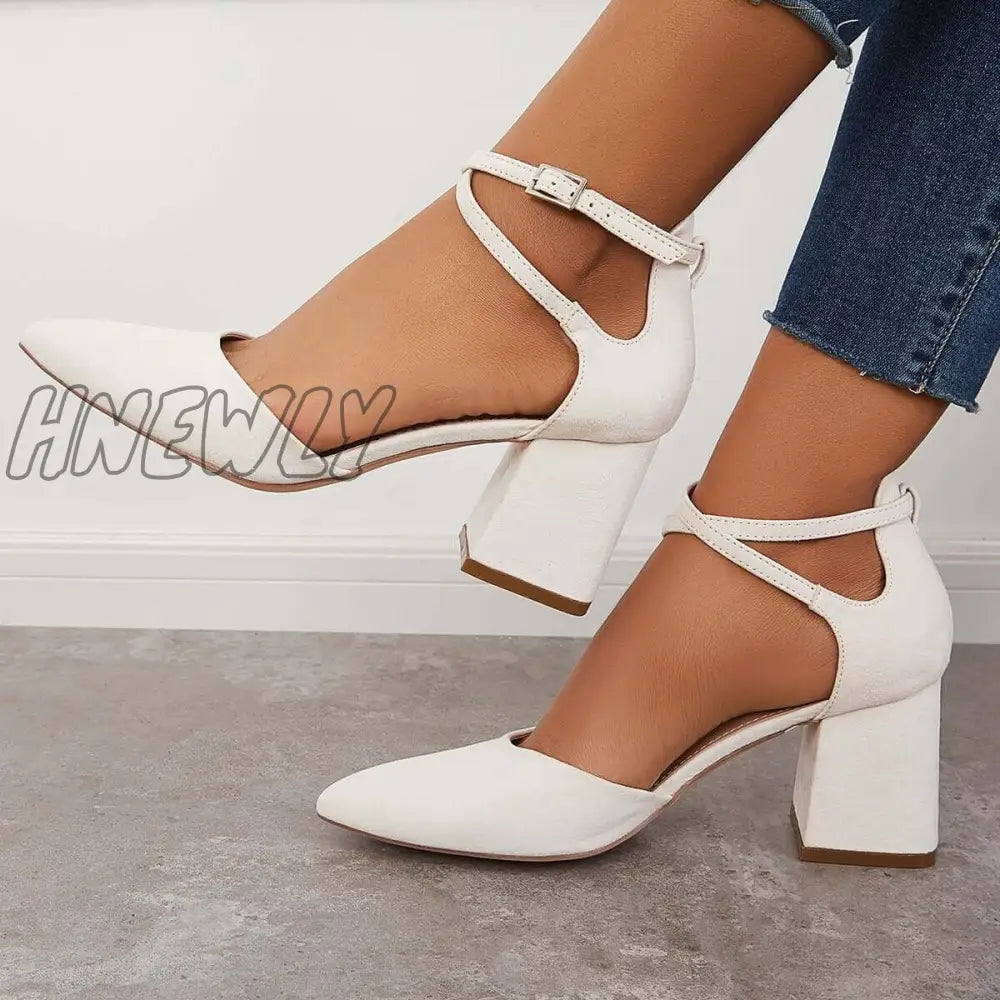 Hnewly Block Chunky Low Heels Pointed Toe Ankle Strap Pumps /