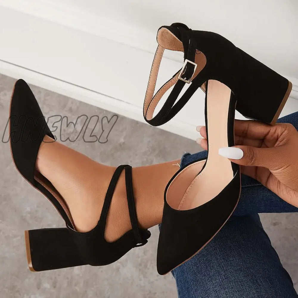 Hnewly Block Chunky Low Heels Pointed Toe Ankle Strap Pumps /