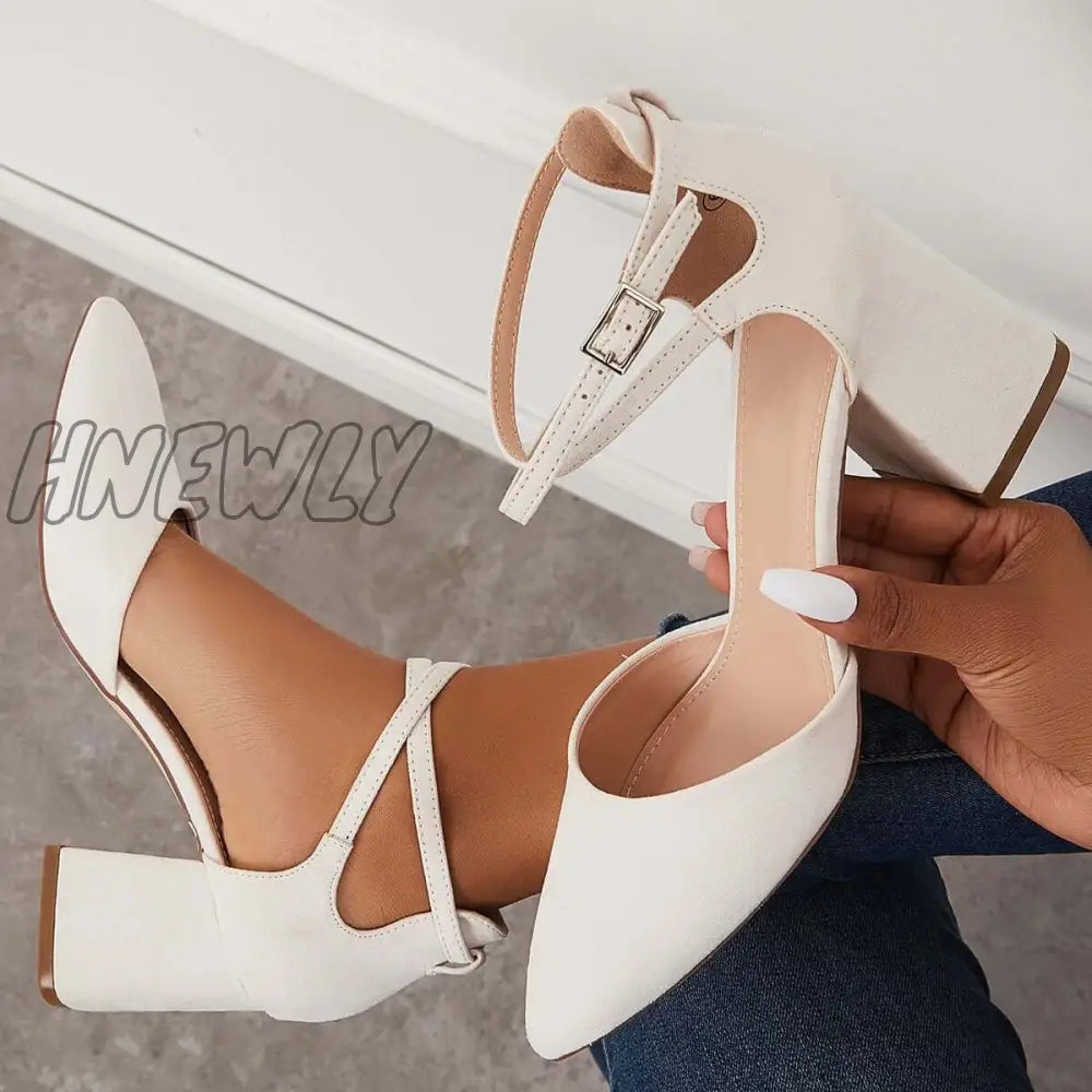 Hnewly Block Chunky Low Heels Pointed Toe Ankle Strap Pumps /