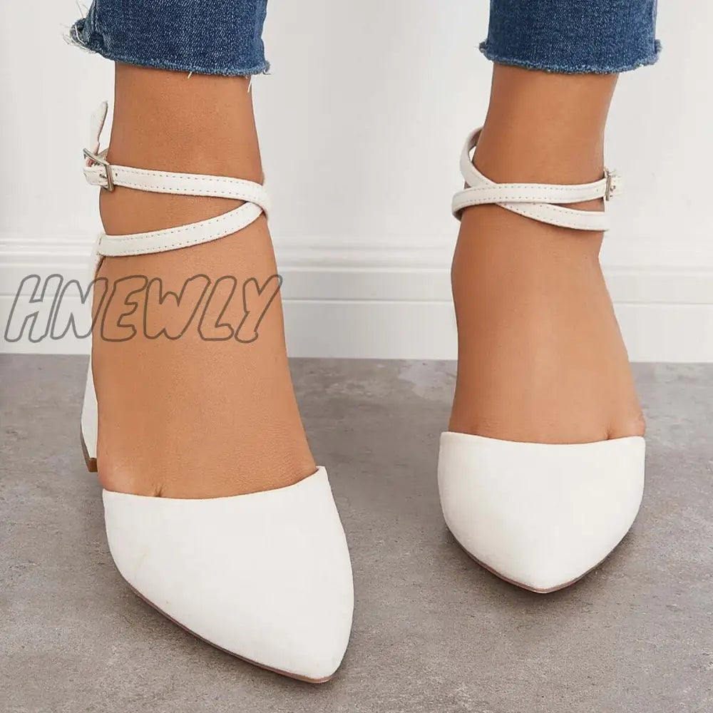 Hnewly Block Chunky Low Heels Pointed Toe Ankle Strap Pumps /