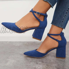 Hnewly Block Chunky Low Heels Pointed Toe Ankle Strap Pumps /