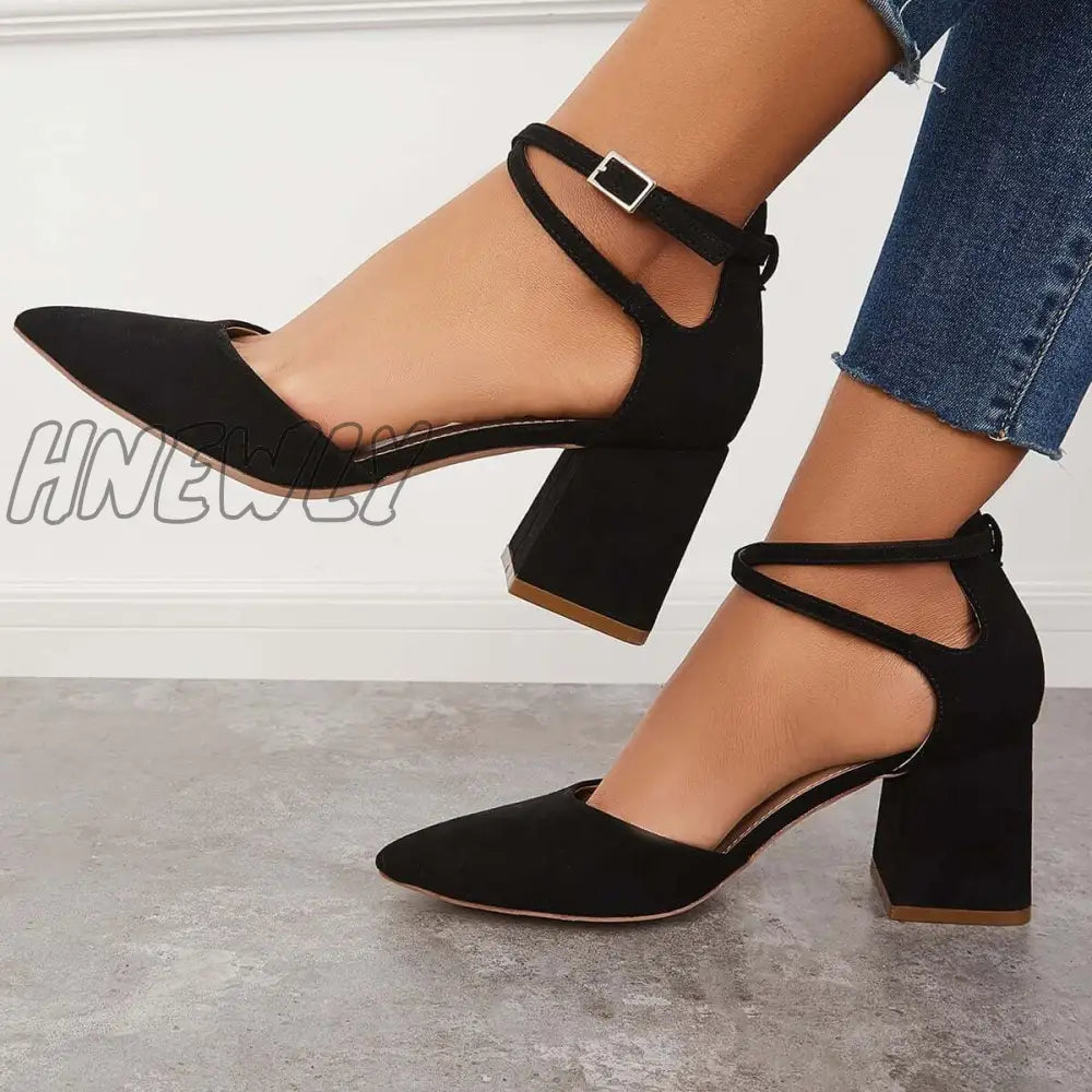 Hnewly Block Chunky Low Heels Pointed Toe Ankle Strap Pumps /