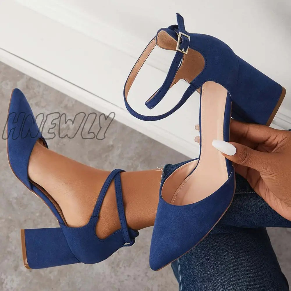 Hnewly Block Chunky Low Heels Pointed Toe Ankle Strap Pumps /