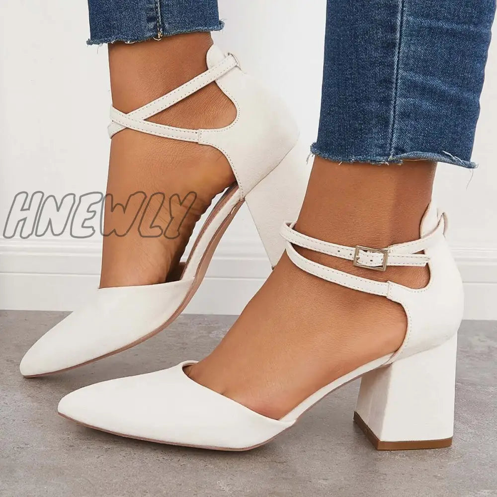 Hnewly Block Chunky Low Heels Pointed Toe Ankle Strap Pumps Beige / 5