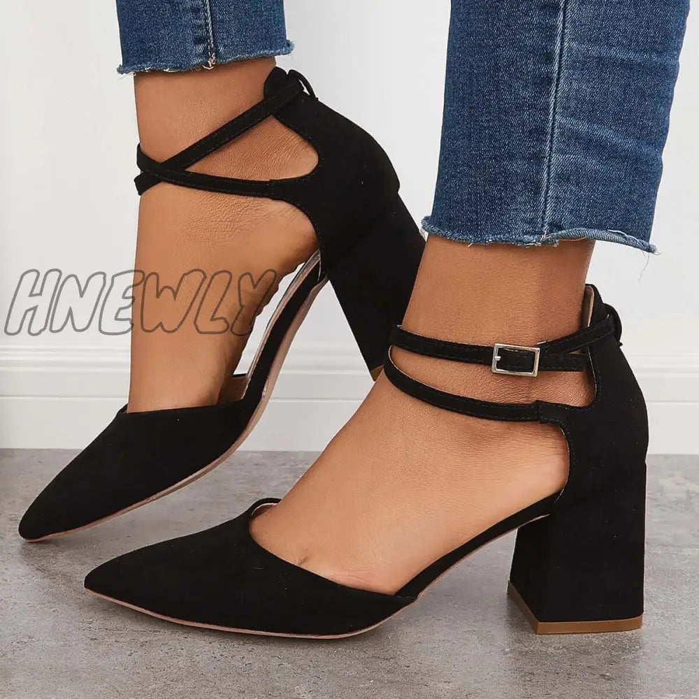 Hnewly Block Chunky Low Heels Pointed Toe Ankle Strap Pumps Black / 5