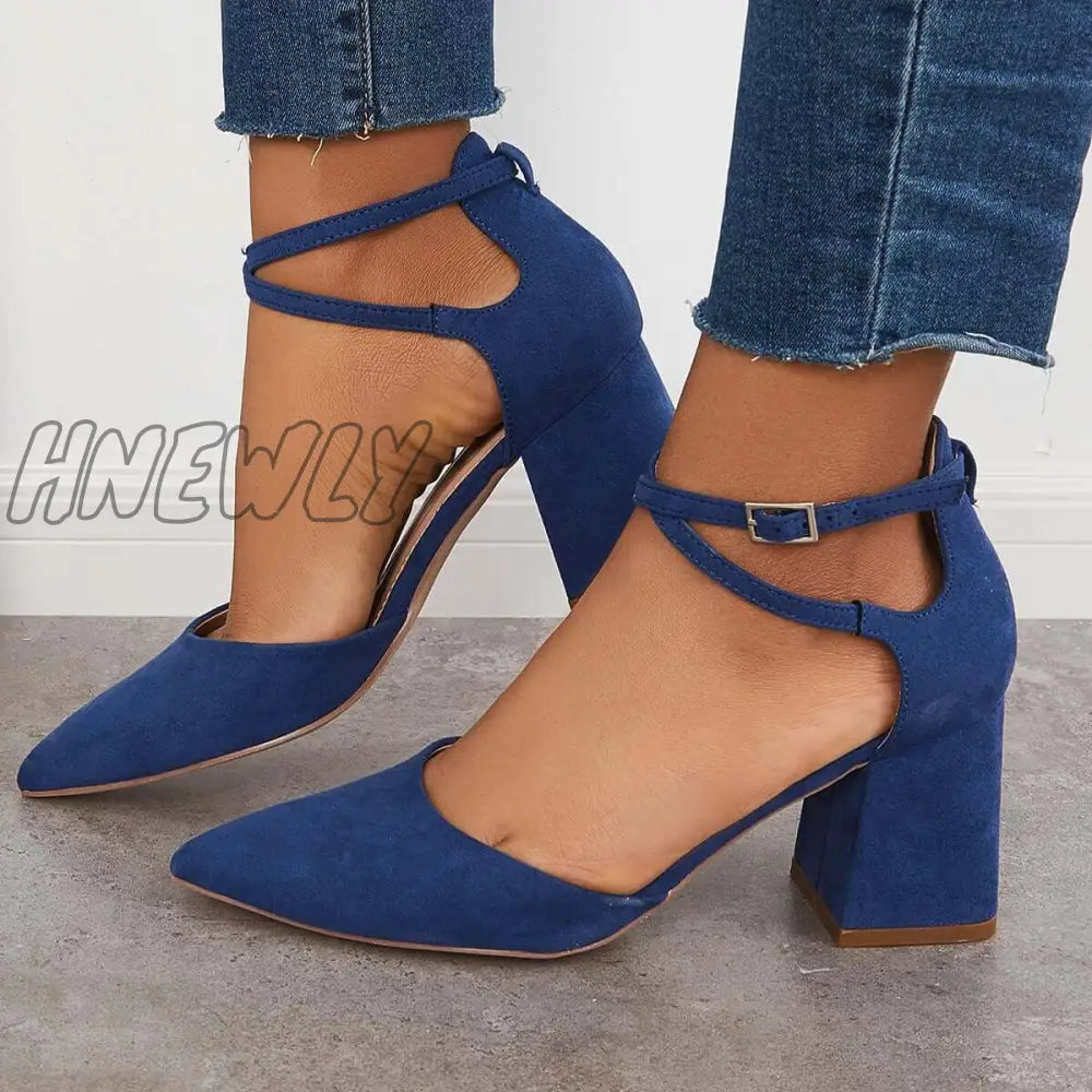 Hnewly Block Chunky Low Heels Pointed Toe Ankle Strap Pumps Navy / 5