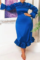 Hnewly - Blue Elegant Plain Fold Solid Color O Neck Evening Dress Dresses Pre Order