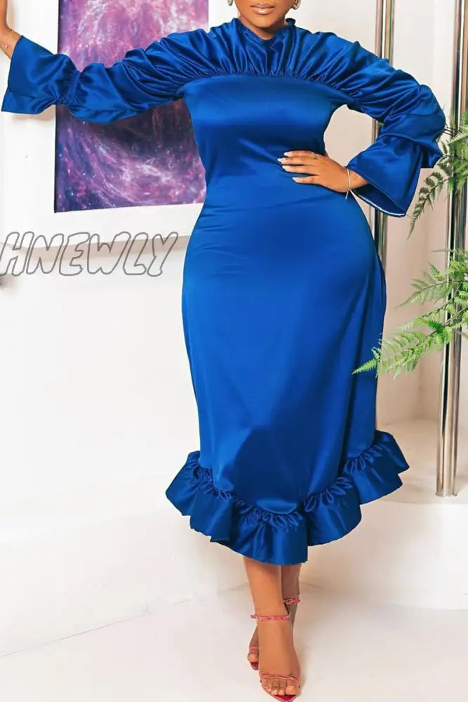 Hnewly - Blue Elegant Plain Fold Solid Color O Neck Evening Dress Dresses / S Pre Order