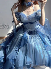 Hnewly Blue Flower Wedding Dress College Lolita Heavy Industry Trailing Umbrella Princess Party