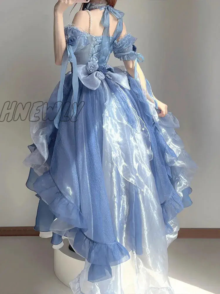 Hnewly Blue Flower Wedding Dress College Lolita Heavy Industry Trailing Umbrella Princess Party