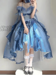Hnewly Blue Flower Wedding Dress College Lolita Heavy Industry Trailing Umbrella Princess Party