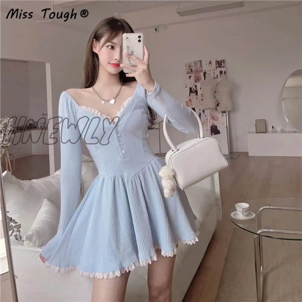 Hnewly Blue Lolita Kawaii Knitted Dress Women Japanese Lace Patchwork Sweet Sweater Female Sexy