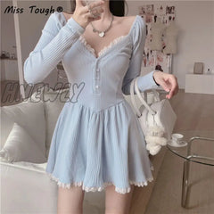 Hnewly Blue Lolita Kawaii Knitted Dress Women Japanese Lace Patchwork Sweet Sweater Female Sexy