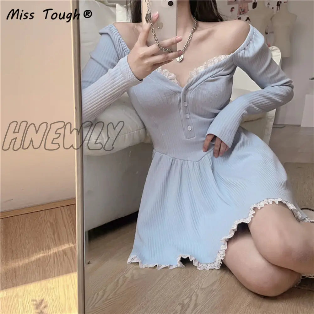 Hnewly Blue Lolita Kawaii Knitted Dress Women Japanese Lace Patchwork Sweet Sweater Female Sexy