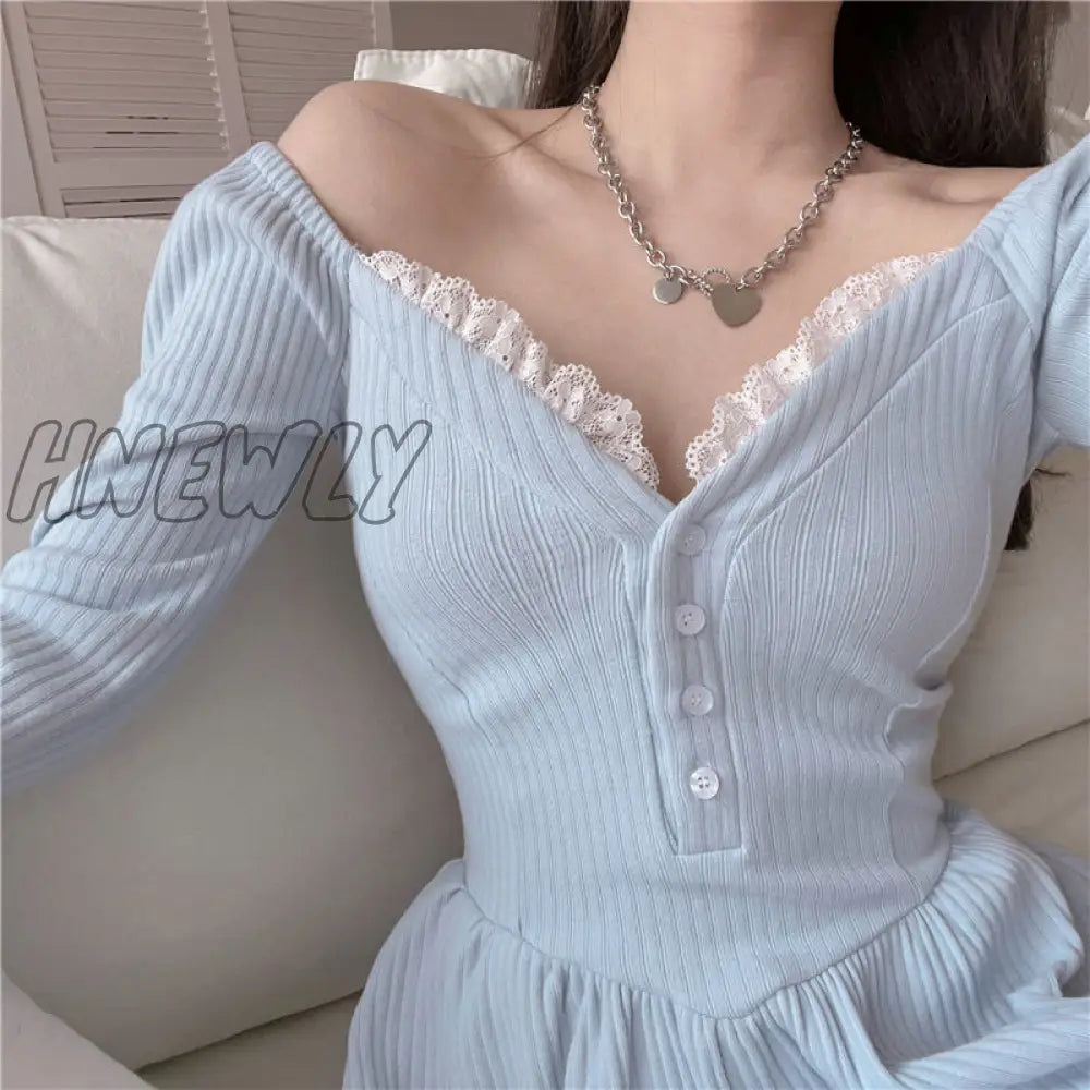 Hnewly Blue Lolita Kawaii Knitted Dress Women Japanese Lace Patchwork Sweet Sweater Female Sexy