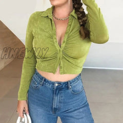 Hnewly Blue Sexy Women Crop Top Y2K V Neck Casual Ruched Long Sleeve Summer Green T Shirt Fashion