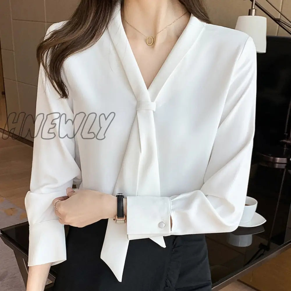 Hnewly Blusas Mujer De Moda Bow V-Neck Shirt Women Long Sleeve Chiffon Blouse Office Lady Ladies