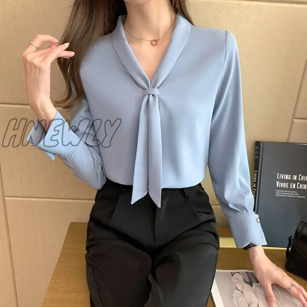 Hnewly Blusas Mujer De Moda Bow V-Neck Shirt Women Long Sleeve Chiffon Blouse Office Lady Ladies