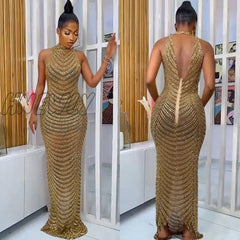 Hnewly Bodycon Maxi Dress Women Wedding Evening Backless Mesh See Through Night Party Club Birthday