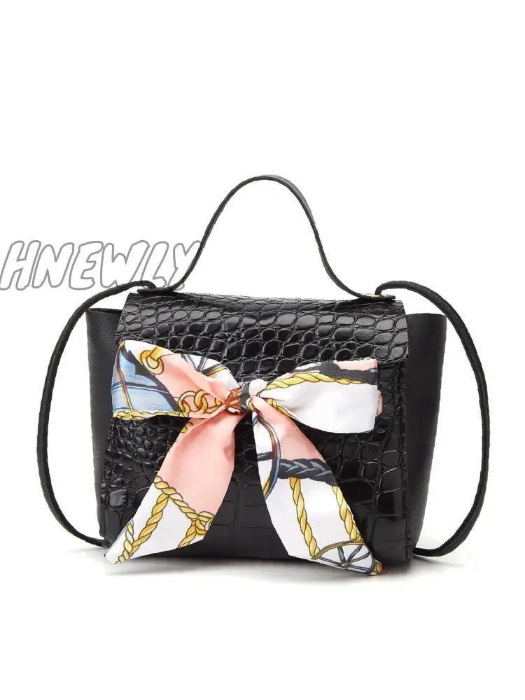 Hnewly - Bow Decor Croc Embossed Satchel Bag Women Satchels Black Women-Satchels