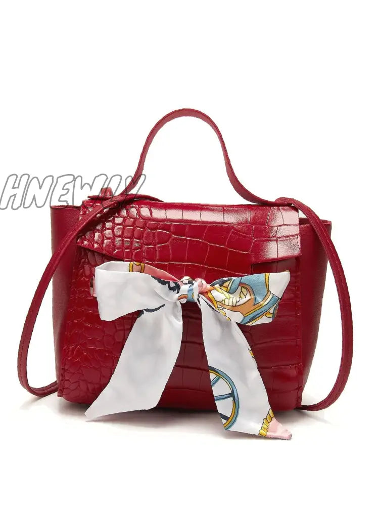 Hnewly - Bow Decor Croc Embossed Satchel Bag Women Satchels Burgundy Women-Satchels