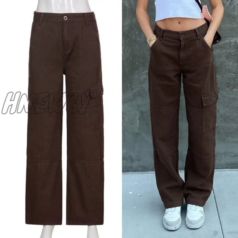 Hnewly Brown Vintage Baggy Jeans Women 90S Streetwear Pockets Wide Leg Cargo Pants Low Waist