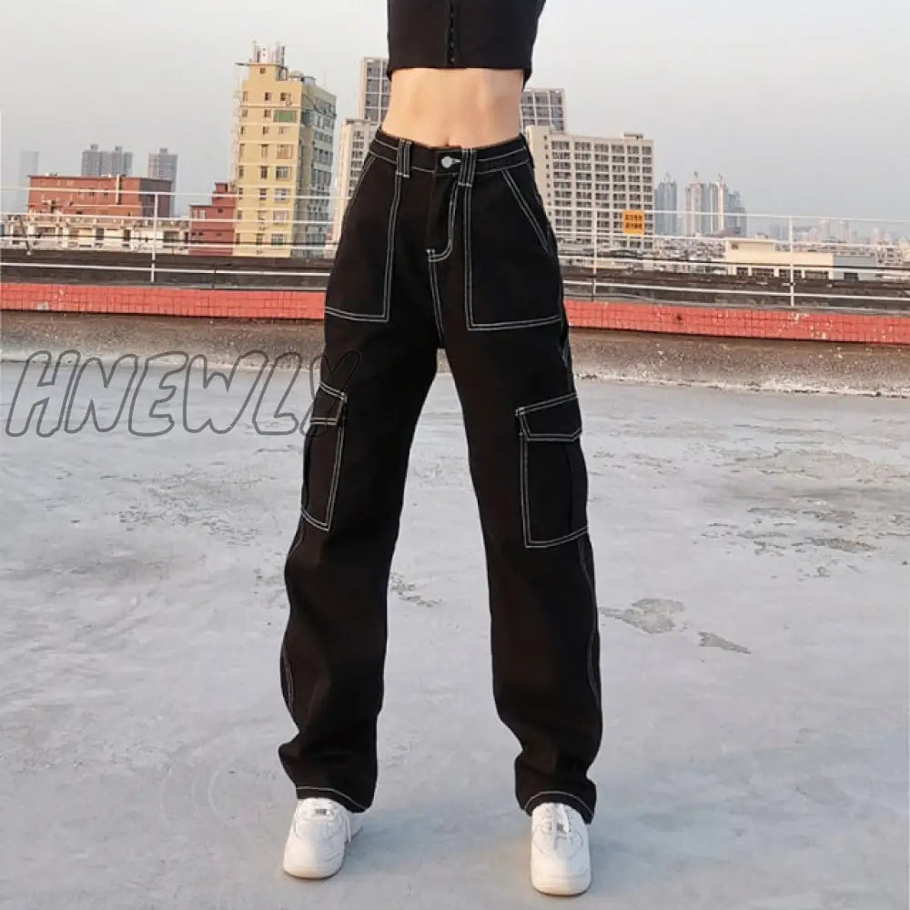 Hnewly Brown Vintage Baggy Jeans Women 90S Streetwear Pockets Wide Leg Cargo Pants Low Waist