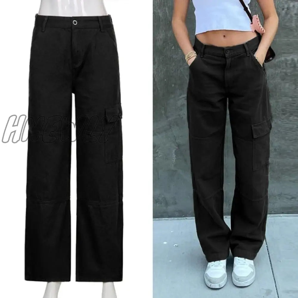 Hnewly Brown Vintage Baggy Jeans Women 90S Streetwear Pockets Wide Leg Cargo Pants Low Waist