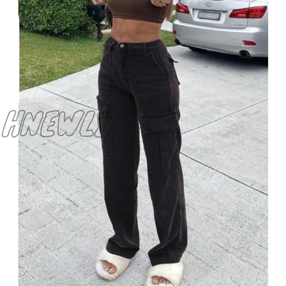 Hnewly Brown Vintage Baggy Jeans Women 90S Streetwear Pockets Wide Leg Cargo Pants Low Waist