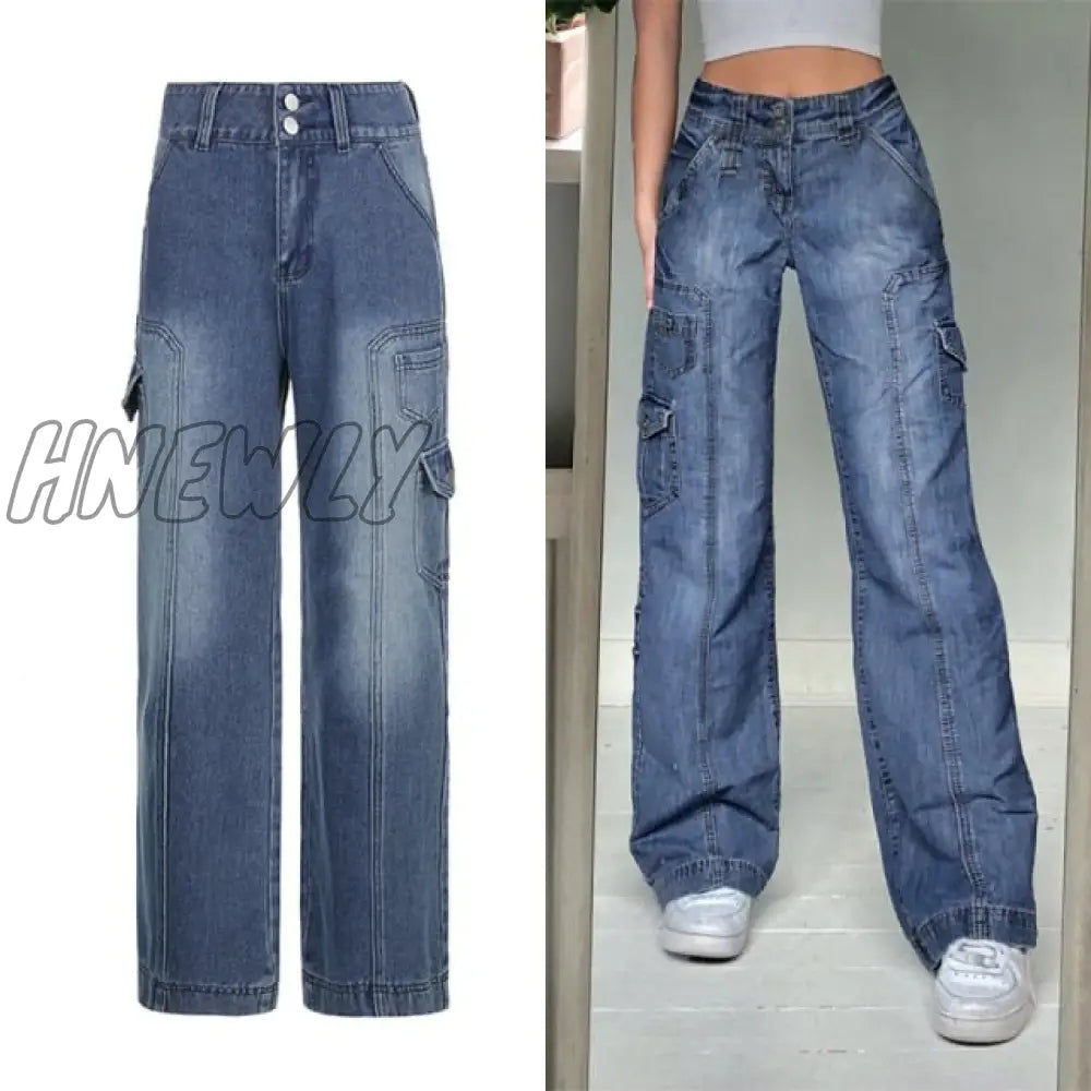 Hnewly Brown Vintage Baggy Jeans Women 90S Streetwear Pockets Wide Leg Cargo Pants Low Waist