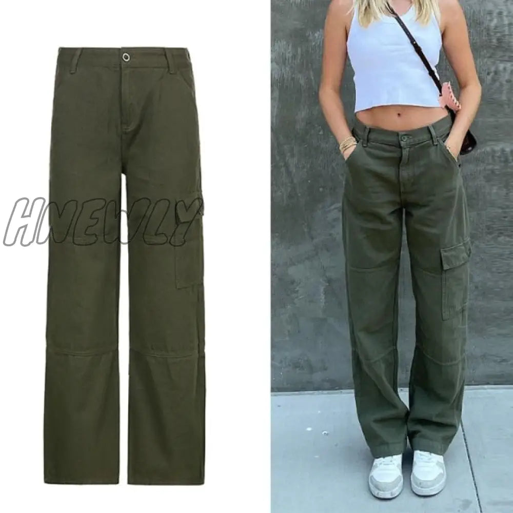 Hnewly Brown Vintage Baggy Jeans Women 90S Streetwear Pockets Wide Leg Cargo Pants Low Waist