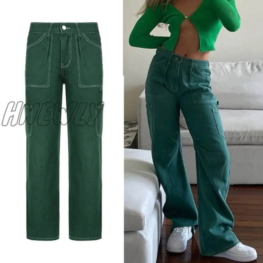 Hnewly Brown Vintage Baggy Jeans Women 90S Streetwear Pockets Wide Leg Cargo Pants Low Waist