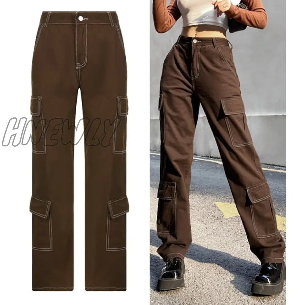 Hnewly Brown Vintage Baggy Jeans Women 90S Streetwear Pockets Wide Leg Cargo Pants Low Waist