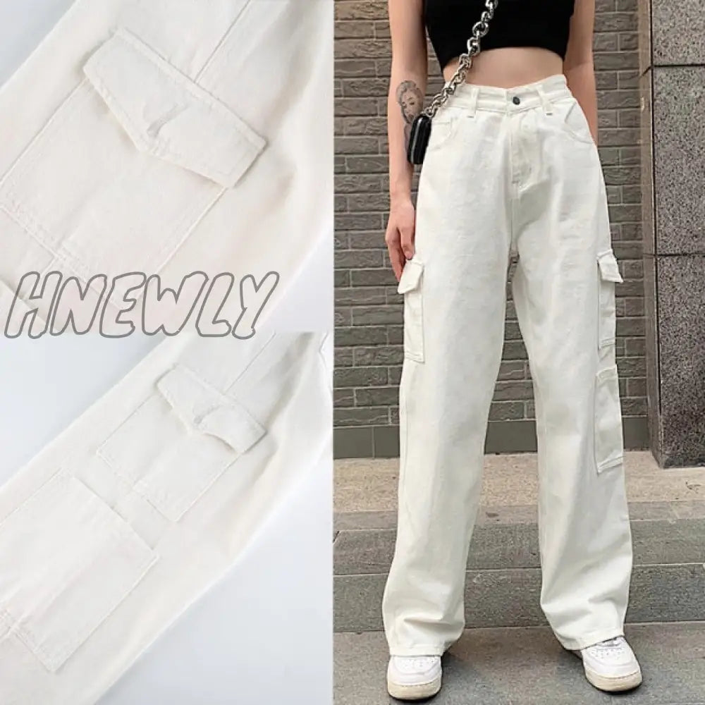 Hnewly Brown Vintage Baggy Jeans Women 90S Streetwear Pockets Wide Leg Cargo Pants Low Waist