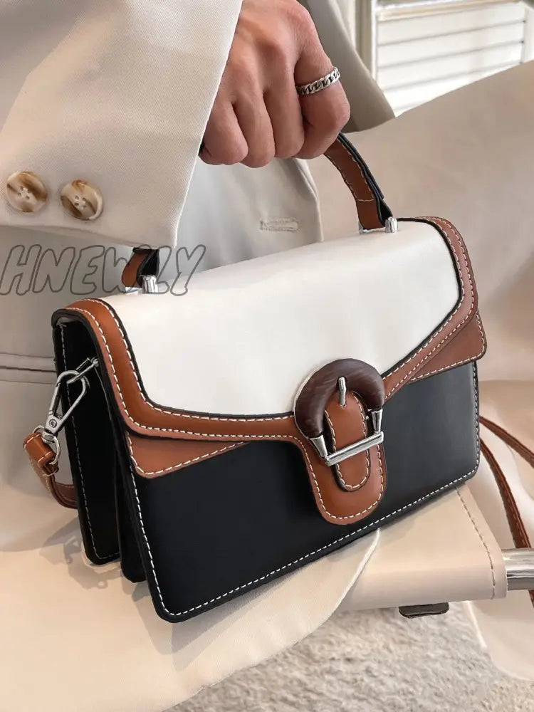 Hnewly - Buckle Detail Colorblock Square Bag Women Satchels Black Women-Satchels