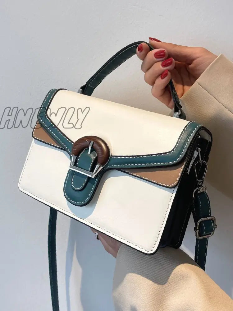 Hnewly - Buckle Detail Colorblock Square Bag Women Satchels White Women-Satchels